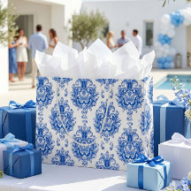 Elegant Blue White Mediterranean Damask Pattern