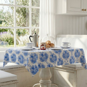 Elegant Blue White Mediterranean Damask Pattern Tablecloth