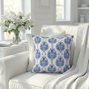 Elegant Blue White Mediterranean Damask Pattern Throw Pillow
