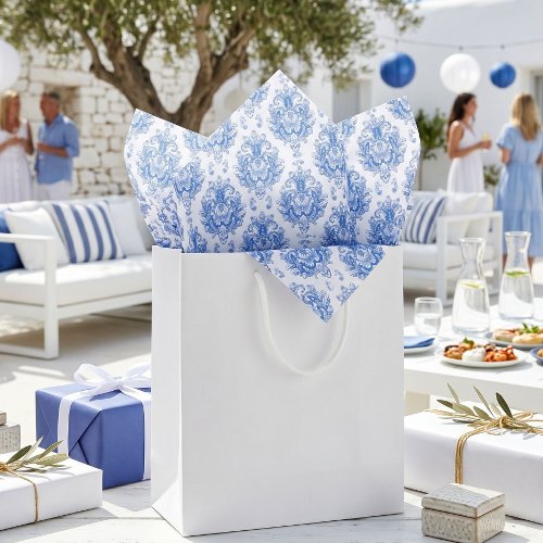 Elegant Blue White Mediterranean Damask Pattern Tissue Paper