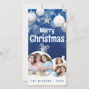 Elegant Blue, White Merry Christmas 2 Family Photo Holiday Card