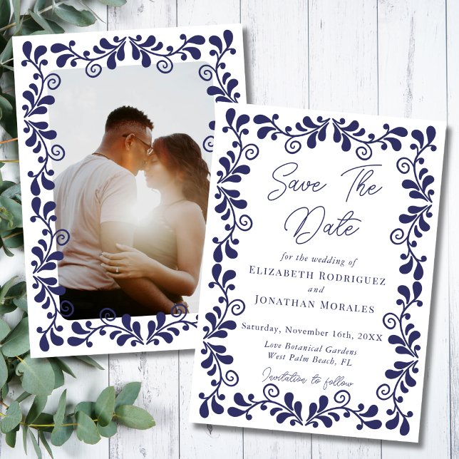 Elegant Blue White Mexican Fiesta Talavera Photo Save The Date (Creator Uploaded)