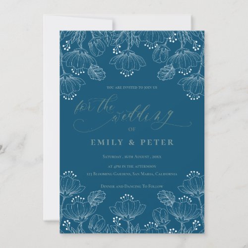 Elegant Blue White Minimalist Line Floral Wedding Invitation