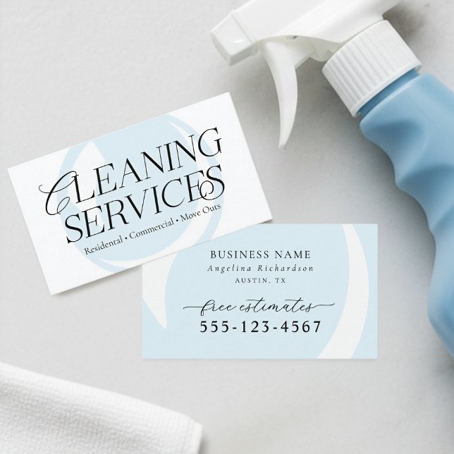 Elegant Blue White Modern Cleaning Services Business Card (Creator Uploaded)
