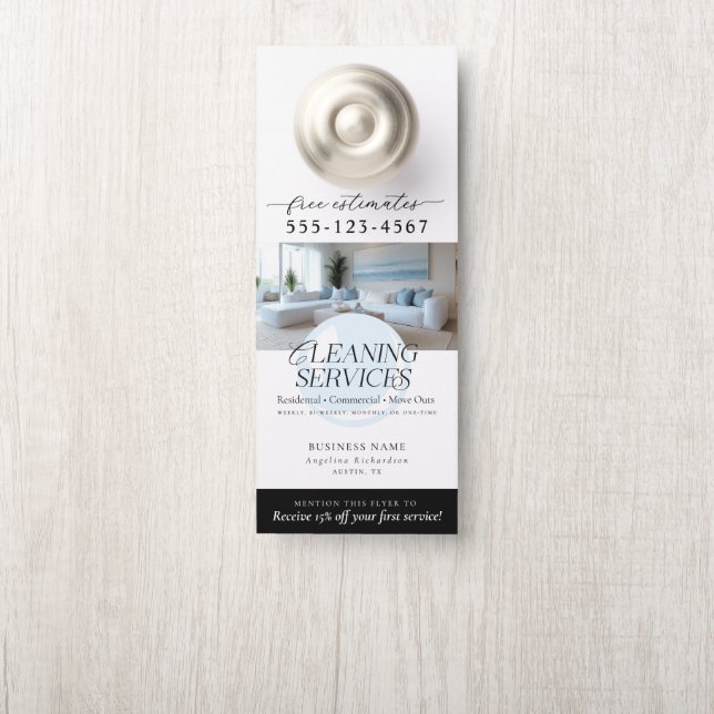 Elegant Blue White Modern Cleaning Services Door Hanger (On Knob)