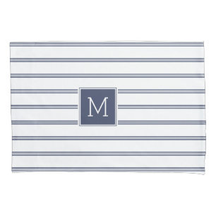Elegant Blue & White Modern Stripes Monogrammed Pillow Case