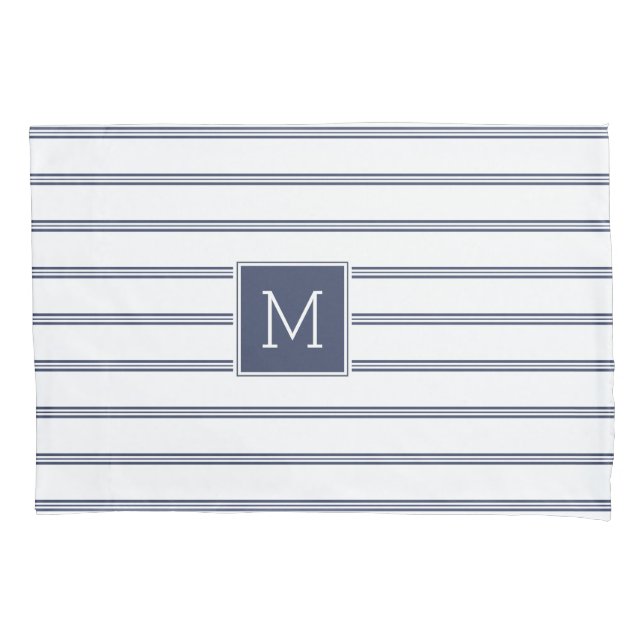 Elegant Blue & White Modern Stripes Monogrammed Pillow Case (Front)