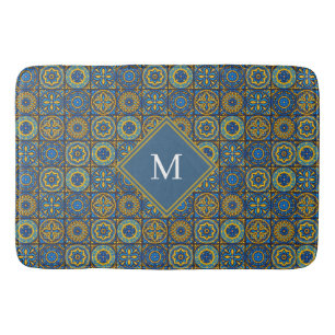 Elegant blue& white Moroccan custom monogram Bath Mat
