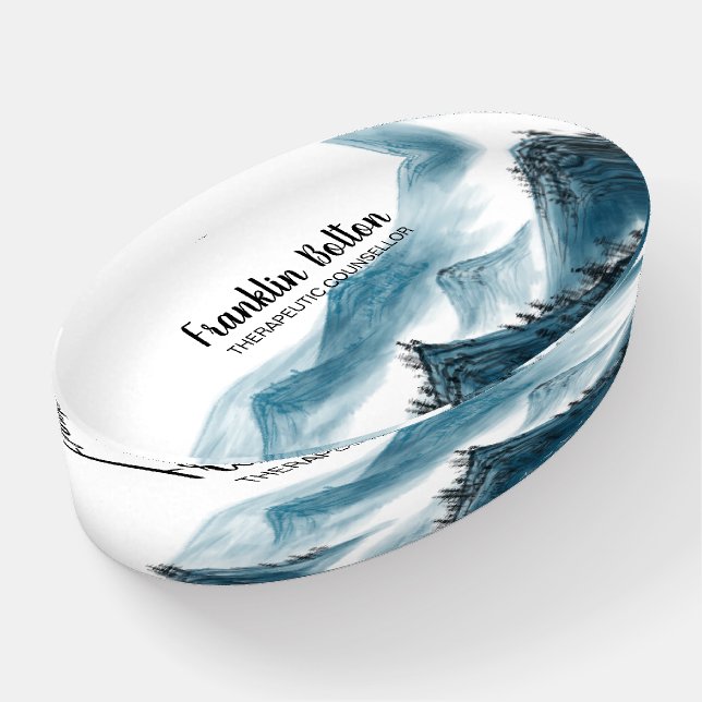 Elegant Blue & White Mountains View Add Name  Paperweight (Angled)