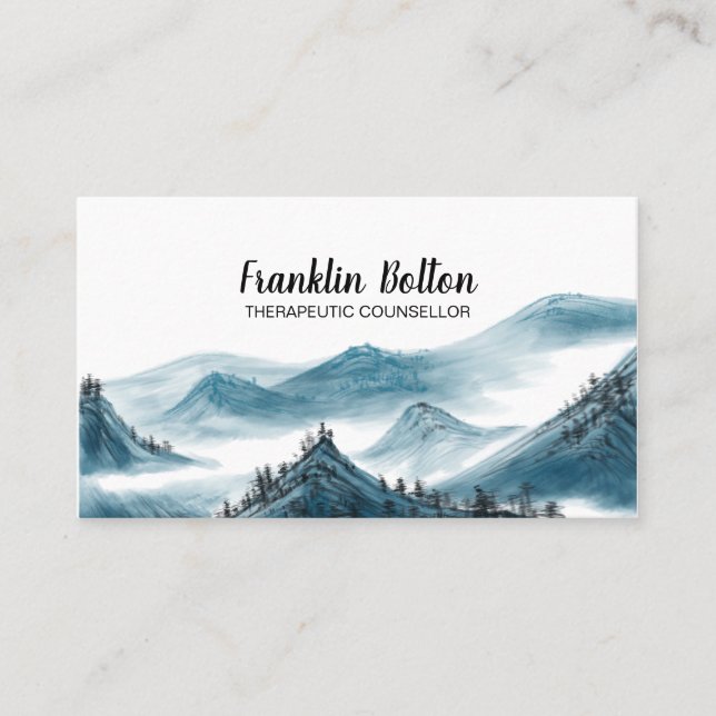 Elegant Blue & White Mountains View  Business Card (Front)