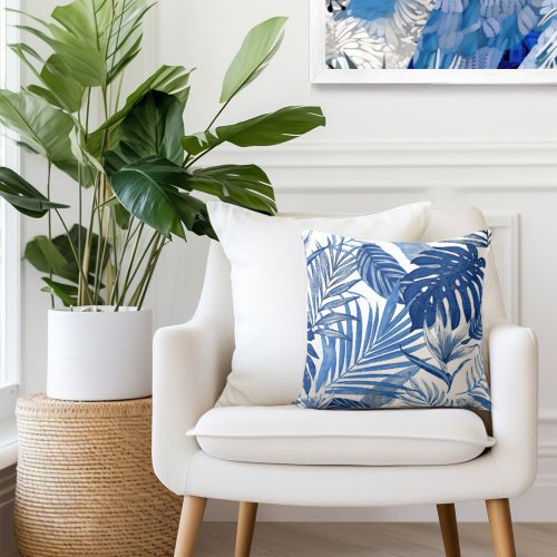 Elegant Blue White Palm Leaves Throw Pillow