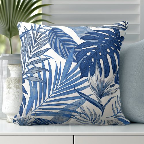 Elegant Blue White Palm Leaves Throw Pillow