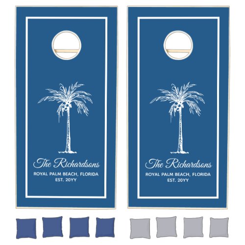 Elegant Blue White Palm Tree Custom Cornhole Set