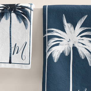 Elegant Blue & White Palm Tree Monogram Bath Towe Bath Towel Set