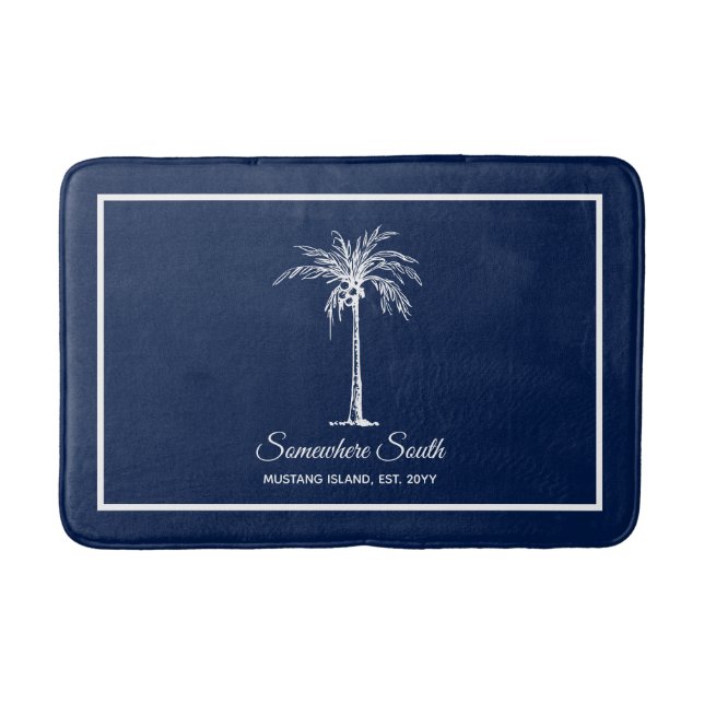 Elegant Blue White Palm Tree Personalized Bath Mat (Front)