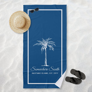 Elegant Blue White Palm Tree Personalized Beach Towel