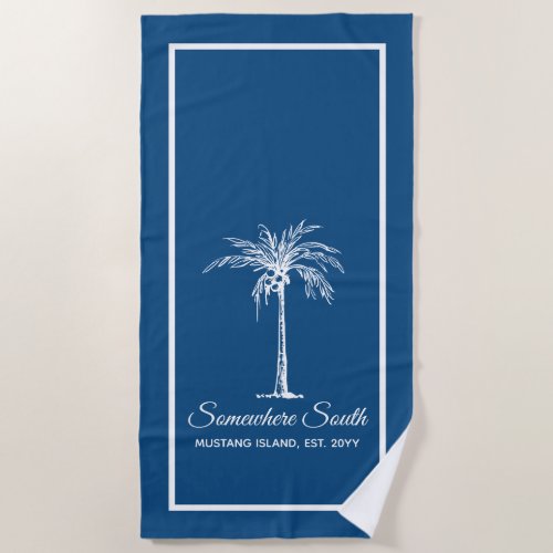 Elegant Blue White Palm Tree Personalized Beach Towel