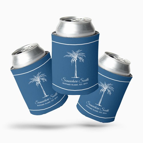 Elegant Blue White Palm Tree Personalized Can Cooler