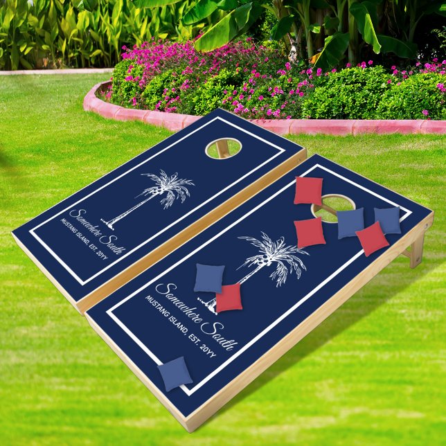 Elegant Blue White Palm Tree Personalized Cornhole Set (Creator Uploaded)