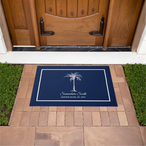 Elegant Blue White Palm Tree Personalized Doormat