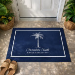 Elegant Blue White Palm Tree Personalized Doormat