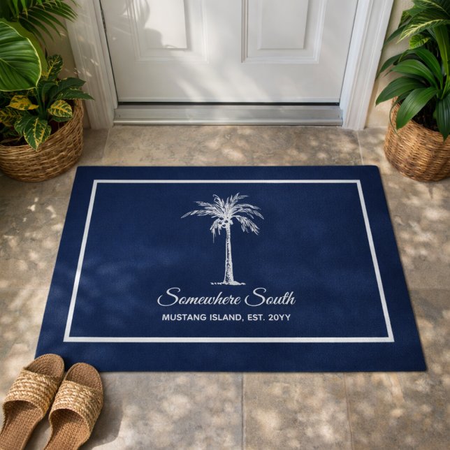 Elegant Blue White Palm Tree Personalized Doormat (Elegant Blue White Palm Tree Personalized Doormat)