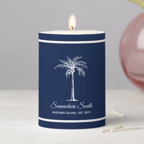 Elegant Blue White Palm Tree Personalized Pillar Candle