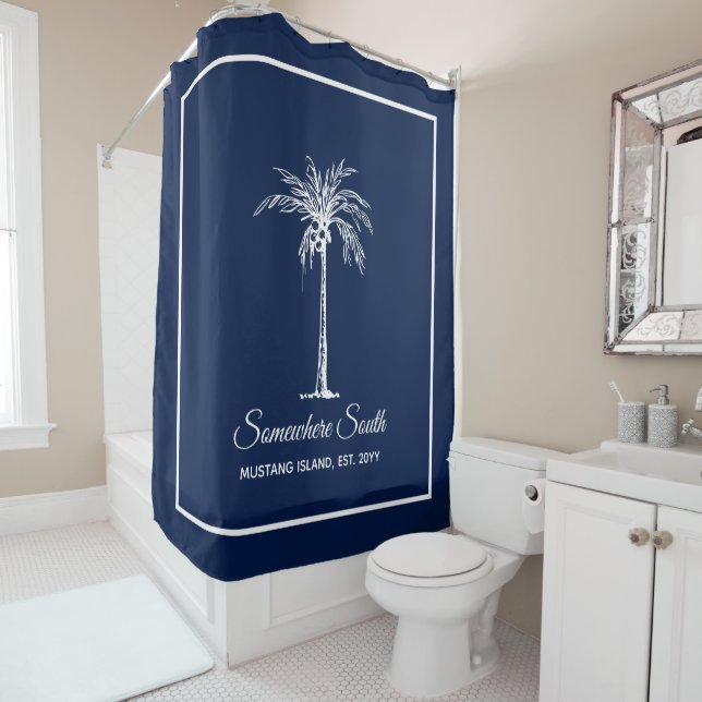 Elegant Blue White Palm Tree Personalized Shower Curtain (In Situ)