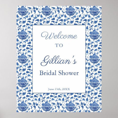 Elegant Blue White Pattern Bridal Shower Welcome Poster
