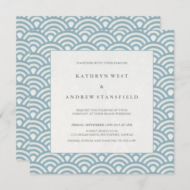 Elegant Blue + White Patterned Wedding Invitation (Front/Back)
