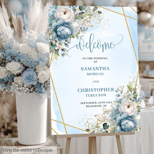 Elegant Blue & White Peony Wedding Welcome Poster (Elegant Blue and White Peony Wedding Welcome Poster)