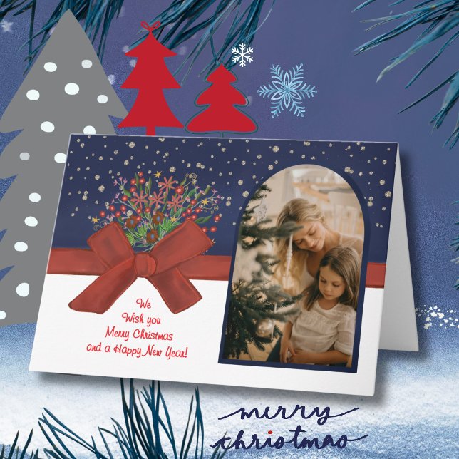 Elegant Blue & White Photo Arch  Christmas Bow Holiday Card (Elegant Blue & White Photo Arch Christmas Bow Holiday Card)