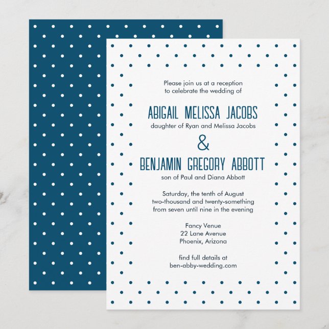 Elegant Blue & White Polka-Dotted Reception Invitation (Front/Back)