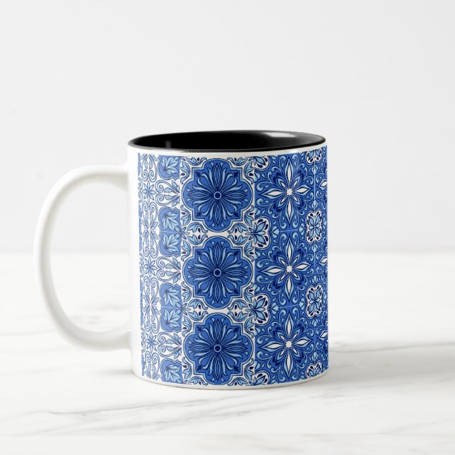 Elegant blue& white Portuguese Azulejo pattern  Two-Tone Coffee Mug (Left)