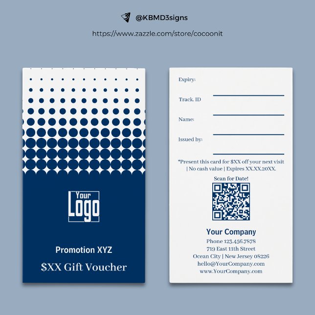 Elegant Blue White Promotional Gift Voucher Card (Elegant Blue White Promotional Gift Voucher Card, Logo, Track.ID., QR code, Terms)