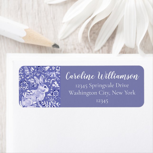 Elegant Blue White Rabbit Bird Floral Leaf Animal Label (Insitu)
