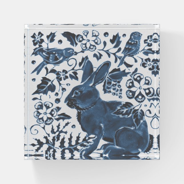 Elegant Blue & White Rabbit, Birds Floral Design Paperweight (Front)
