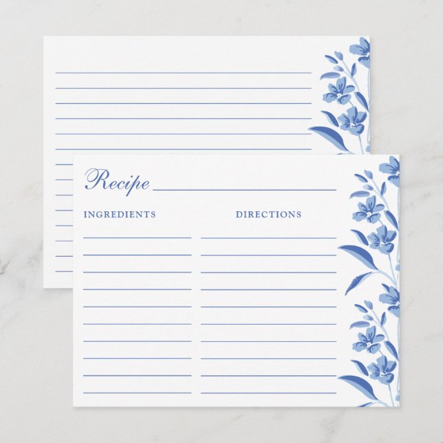 Elegant Blue & White Recipe Cards (Front/Back)