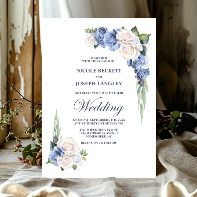 Elegant Blue White Rose Floral Wedding Invitation (Creator Uploaded)