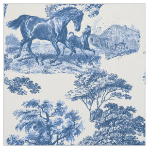 Elegant Blue White Rustic Horses Toile  Fabric
