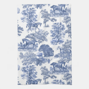 Elegant Blue White Rustic Horses Toile Kitchen Towel