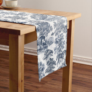 Elegant Blue White Rustic Horses Toile Short Table Runner
