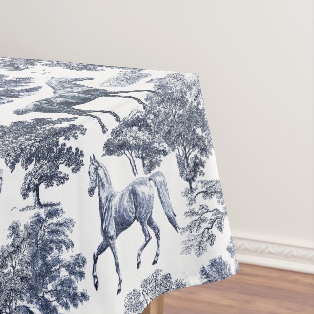 Elegant Blue White Rustic Horses Toile Tablecloth (In Situ)