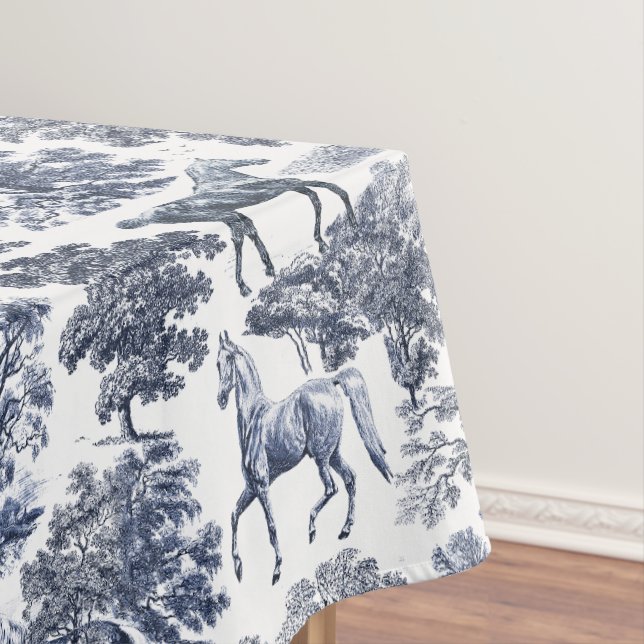 Elegant Blue White Rustic Horses Toile Tablecloth (In Situ)