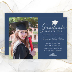 Elegant Blue White Script Cap Photo Graduation Announcement