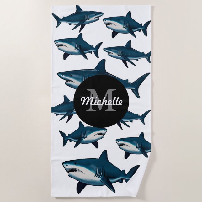 Elegant blue white shark Personalized Monogram   Beach Towel (Front)