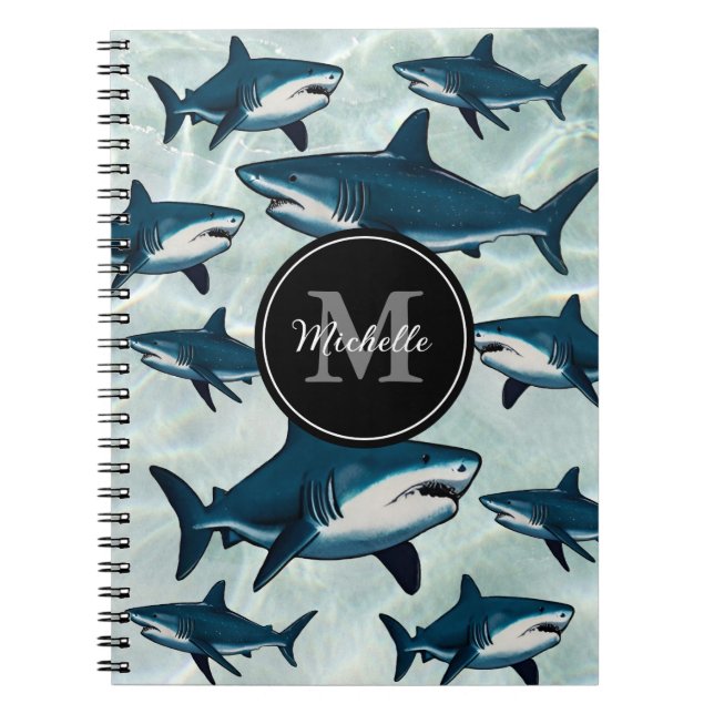 Elegant blue white shark Personalized Monogram     Notebook (Front)