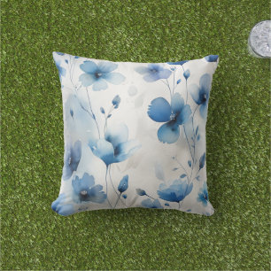 Elegant blue white silver watercolor florals outdoor pillow