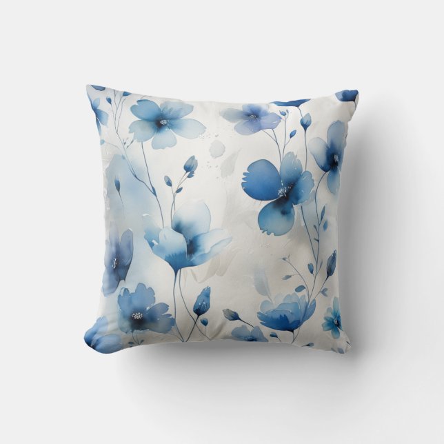 Elegant blue white silver watercolor florals  throw pillow (Front)