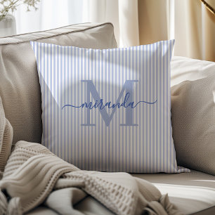 Elegant Blue & White Stripes Monogram Name Throw Pillow